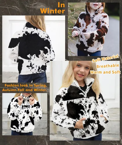 Vista 3 de Chaqueta de forro polar Sherpa con estampado de vaca para niñas, abrigo casual mullido con bolsillos