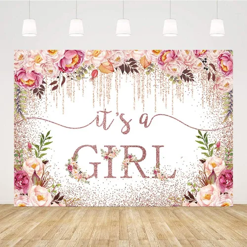 Vista 4 de Sendy Telón de fondo de baby shower de oro rosa de 7 x 5 pies para niñas, con texto en inglés "It's a Girl", fondo de fotografía para baby shower