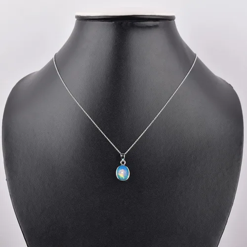 Vista 5 de Collar de plata de ley para mujer, dije delicado de bisel ovalado de ópalo etíope, joyería hecha a mano con piedra natal de octubre, cadena de plata