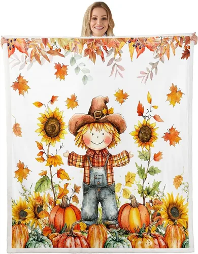 Vista 9 de Fall Scarecrow Throw Blanket,Retro Autumn Pumpinks Squirrel Bed Plush Blanket for Living Room Decor,Rustic Farmhouse Sunflowers Couch Bed Sofa Soft