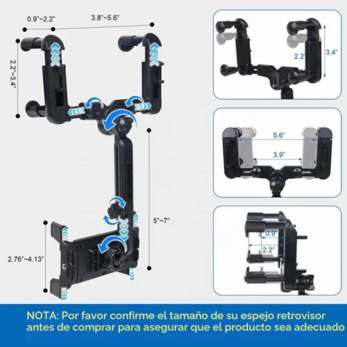 Vista 2 de kelofam Soporte para teléfono para coche, Soporte para espejo retrovisor de coche, Soporte multifuncional giratorio de 360° y retráctil para tablet