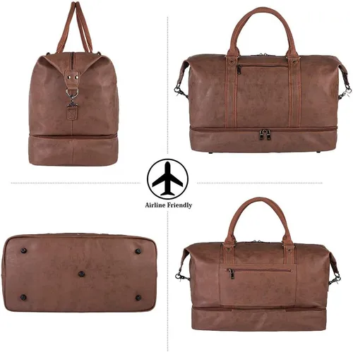 Vista 5 de Overnight - Bolsa de viaje de lona de cuero de gran tamaño para fines de semana bolsa de transporte grande para hombres o mujeres Marrón Clásico