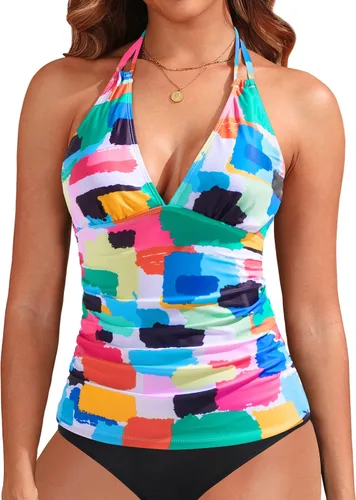 Vista 2 de Yonique Traje de baño con cuello en V y cuello halter para mujer, con control de abdomen