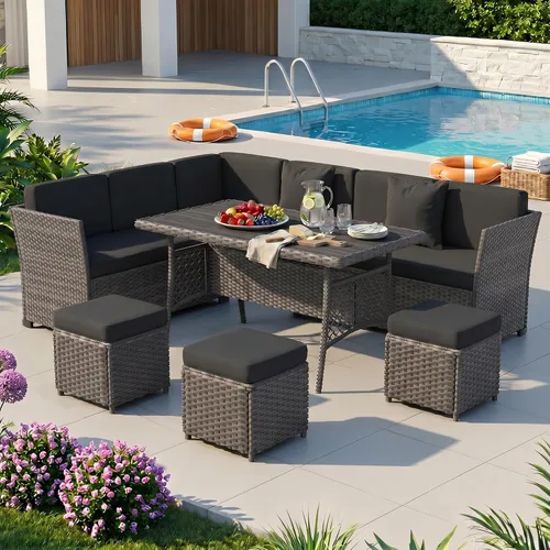 Vista 10 de Juego de muebles de patio, 7 piezas, juego de comedor al aire libre, juego de conversación de ratán para todo tipo de clima, sofá modular de comedor