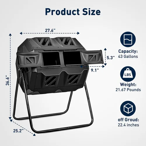Vista 7 de Yesker Contenedor de compostaje de doble cámara para exteriores, compostador giratorio de 43 galones con puertas correderas, montaje rápido