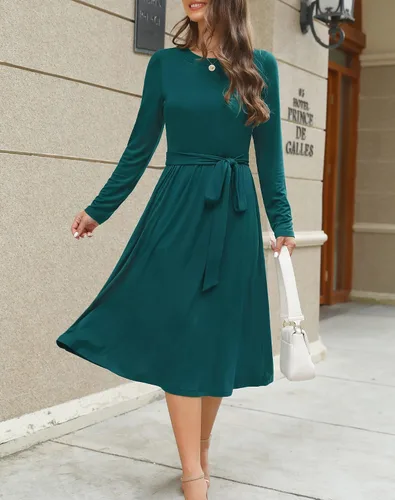Vista 2 de Zattcas vestido de verano para mujer, acanalado, de manga corta y bolsillos, recatado, con largo por debajo de la rodilla, estilo informal, conjunto