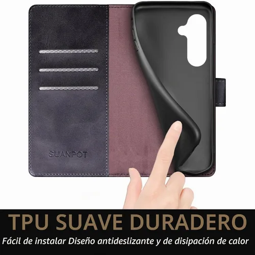 Vista 6 de SUANPOT Funda tipo cartera para Samsung Galaxy S24 5G con bloqueo RFID, tarjetero de crédito, funda protectora de piel sintética con tapa para Negro