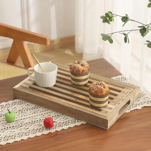 Vista 5 de Tabla de cortar pan de madera con bandeja colectora de migas, bandeja para servir 2 en 1 Tabla de pan extraíble con asas para rebanar panes