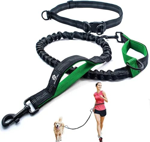 Vista 2 de Correa de perro manos libres para correr, caminar, entrenar, senderismo, correa de cintura duradera de doble asa con elástico reflectante