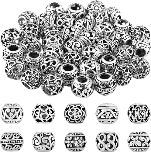 Vista 8 de 40 piezas de cuentas espaciadoras de tono plateado, cuentas huecas de aleación tibetana de filigrana de 10 mm, cuentas metálicas pequeñas