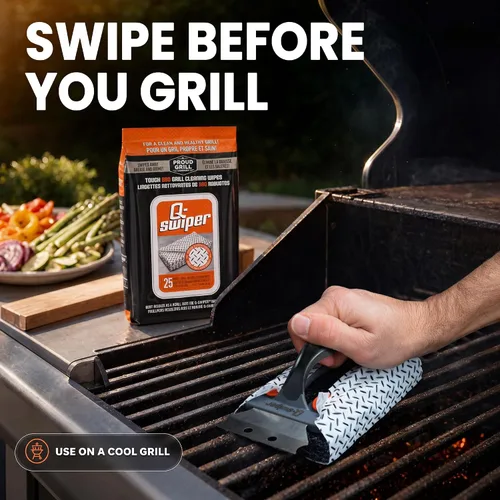 Vista 3 de Proud Grill Q-Swiper - Juego de limpiador de parrilla para barbacoa, 1 cepillo de parrilla con raspador y 25 toallitas de limpieza para parrilla