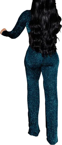 Vista 3 de LightlyKiss - Enterizo brillante con cuello en V para mujeres, con mangas largas y pantalones holgados con cinturón, sensual e informal para fiestas