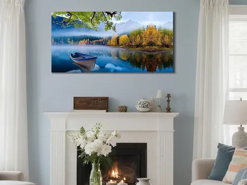 Vista 4 de Arjun Lienzo decorativo para pared, diseño de lago y montaña, cielo, naturaleza, paisaje, barco, ilustración, pintura escénica moderna, enmarcada