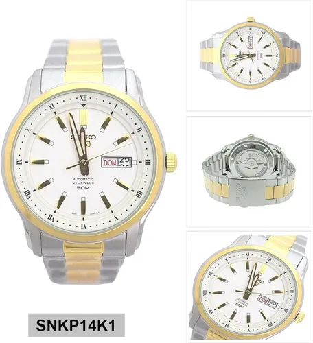 Vista 2 de Seiko 5 SNKP14 Reloj automático de acero inoxidable de 2 tonos con esfera blanca de 1640ft WR día fecha reloj automático
