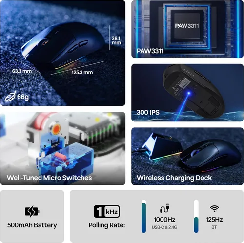 Vista 3 de MechLands AJAZZ AJ139 V2 MC Mouse para juegos con base de carga, ajustable 12,000 DPI, sensor PAW3311, 3 modos de mouse inalámbrico, batería de 500