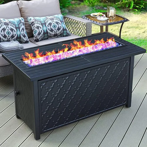 Vista 7 de MFSTUDIO Mesa para fogata de gas de 28 pulgadas, 50000 BTU de acero propano a rayas cuadrada con tapa y vidrio azul para patio, patio trasero y Negro