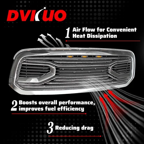Vista 8 de Rejilla delantera compatible con RAM 1500 Big Horn Style 2013 2014 2015 2016 2017 2018, rejilla de repuesto con letras y luces LED, cromada