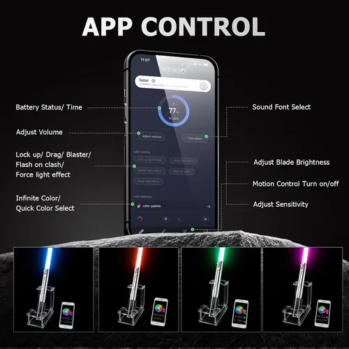 Vista 4 de CVCBSER Sable de luz de duelo con control por APP ANK, 34 conjuntos de efectos de sonido, 12 efectos de luz y cambio de colores infinito, sables