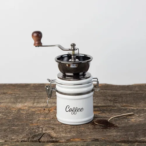 Vista 3 de Twine Molinillo de café vintage de mano, diseño manual ajustable con mango de madera y tarro de cerámica blanca, juego de 1
