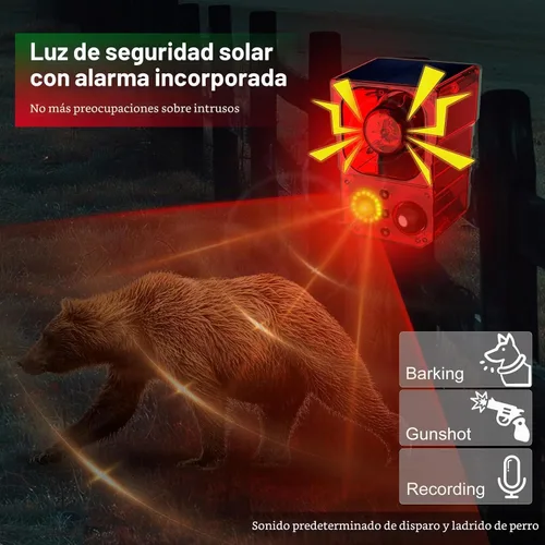 Vista 2 de Alarma de Sensor de Movimiento Solar para Exteriores - Alarma de 129dB, Grabación, Sirena, Ladrido de Perro y Detonación. Con Control Remoto, Sensor