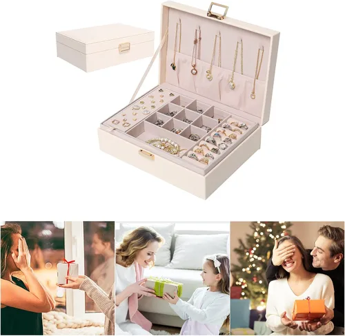 Vista 8 de DECOR4SEASON Joyero organizador de piel sintética con 2 capas de almacenamiento y bandeja extraíble para collares, aretes, anillos, pulseras