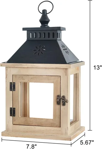 Vista 3 de NEEDOMO Farol de vela de madera de 13 pulgadas para interiores, centro de mesa grande decorativo al aire libre, candelabros rústicos colgantes