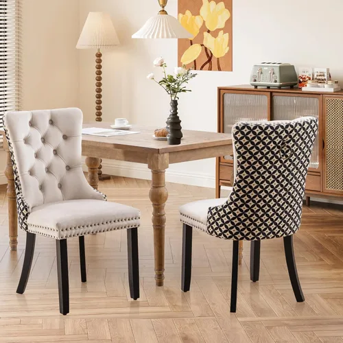 Vista 154 de SoarFlash Juego de 2 sillas de comedor de terciopelo, silla lateral de respaldo alto, silla lateral moderna tapizada de alta gama con botones Beige