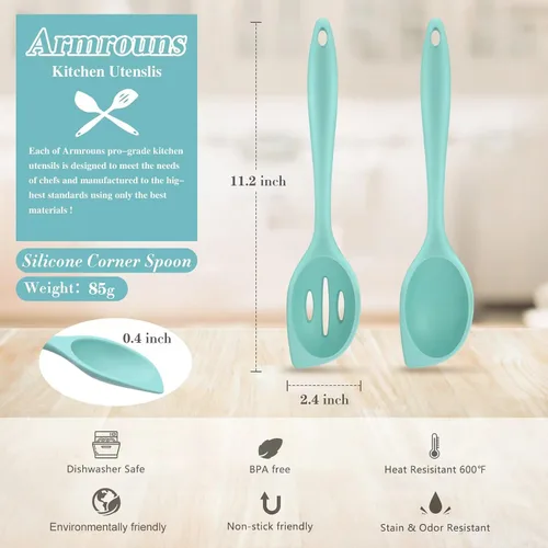 Vista 2 de Cuchara de esquina de silicona sólida, resistente al calor, cuchara de goma para mezclar, servir, raspar, cucharas de cocina sólidas antiadherentes