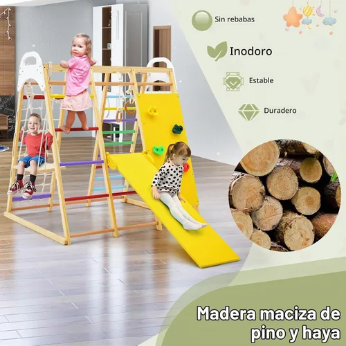 Vista 4 de GLACER 8 en 1 Jungle Gym, gimnasio de escalada interior de madera con tobogán, columpio Colorido