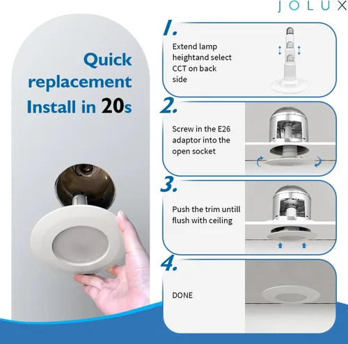 Vista 4 de Jolux Luz LED ajustable de 4 pulgadas 5CCT para remodelación, 2700K-5000K CCT seleccionable, 6W = 40W 500LM, base E26 regulable, borde biselado