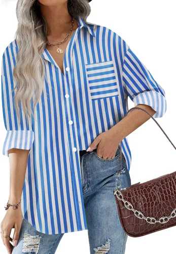 Vista 17 de HOTOUCH Camisas de gran tamaño con botones para mujer, blusa de hombro caída para oficina, de manga larga, estilo novio, camisa de vestir