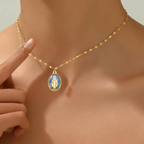 Vista 3 de 60 piezas de colgante de medalla milagrosa esmalte azul acento para hombres mujeres protección joyería católica encanto para bricolaje rosario