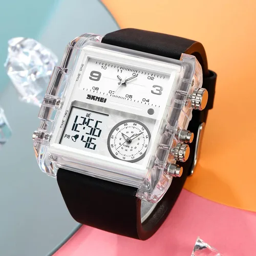 Vista 2 de Unique Digital Wathes for Men, Cool Led Analog Quartz Wristwatch, 3-Time Zone Large Face Stopwatch, Square Chronograph Watch(30M Waterproof, 1224H
