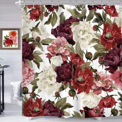 Vista 18 de Cortina de ducha floral roja para baño, 60 pulgadas de ancho x 72 pulgadas de largo, flor de cerezo, ciruela, estética asiática, japonesa, acuarela