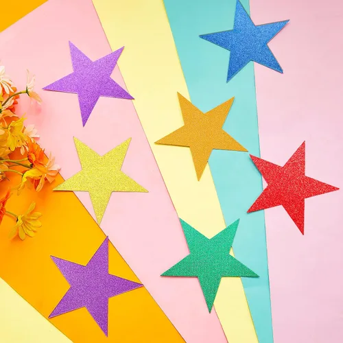 Vista 3 de Gejoy 80 piezas de estrellas con purpurina de arco iris, decoración de estrellas de papel doble impreso para noche de cine, decoración de tablón