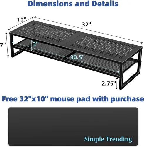 Vista 6 de Simple Trending - Soporte de dos niveles de metal para monitor dual, organizador de escritorio para oficina con alfombrilla para mouse de 32"x10