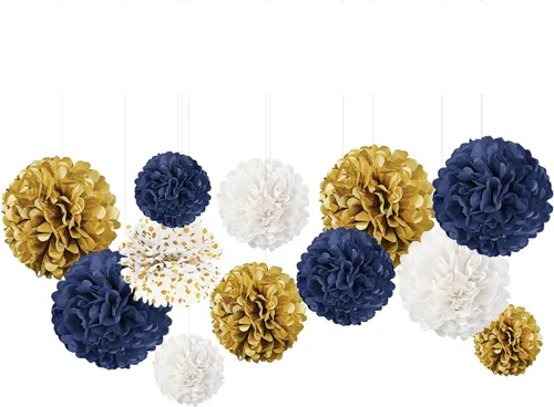 Vista 10 de NICROLANDEE Suministros de fiesta negros y dorados para graduación 2026, 12 pompones de tejido de 12 pulgadas decorativos para graduación, boda