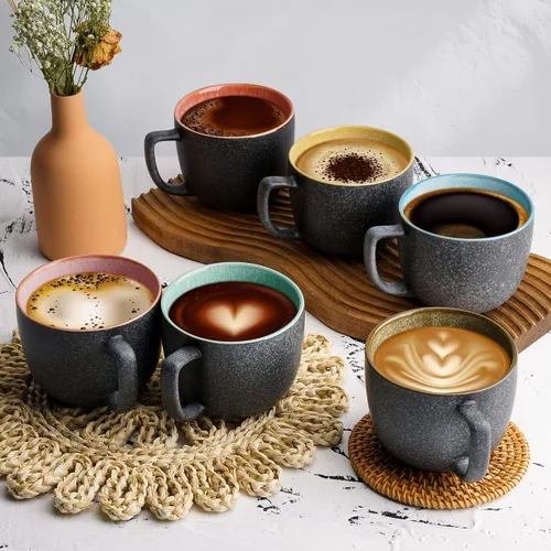 Vista 2 de MIAMIO - Juego de 6 tazas de café de gres (16 onzas) - Las Palmitas - Modern Ceramic coffee mugs for coffee, cappuccino and tea, 16 oz for