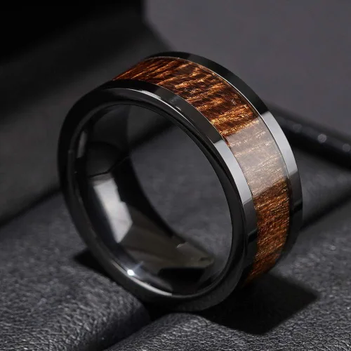 Vista 2 de THREE KEYS JEWELRY 6,8mm Black/White Ceramic Wedding Ring with Real Koa Wood Inlay Flat Top Wedding Band Engagement Ring Comfort Fit Size 4-16