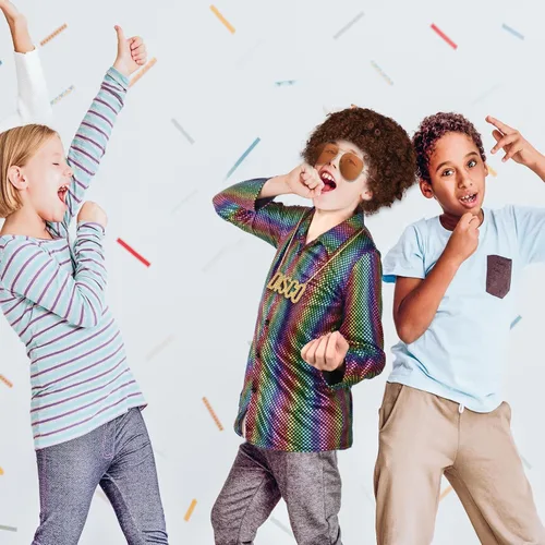 Vista 6 de XLSXEXCL 4 piezas de disfraz de discoteca de los años 70 para niños, con lentejuelas y manga larga, camisa brillante para niños, fiesta de cosplay