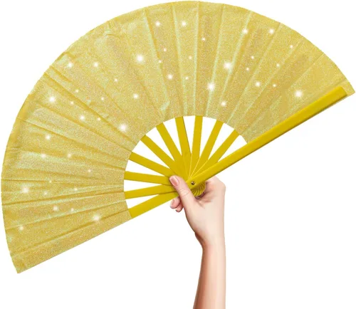 Vista 9 de OMyTea Ventilador grande con purpurina para baile de línea, botas de 13 pulgadas en el suelo, ventilador de mano plegable para EDM, festival de Negro