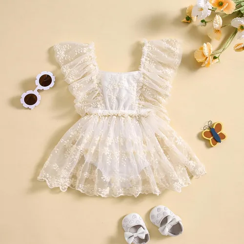 Vista 2 de Ropa de bebé recién nacida, mameluco de encaje, vestido tutú, manga de mosca, bordado floral, traje de verano
