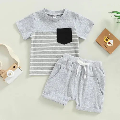 Vista 84 de Conjunto de traje de verano para bebé niño pequeño, manga corta, cuello redondo, letras impresas, lindo traje de verano, conjunto de 2 piezas