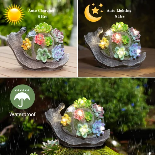 Vista 6 de pearlstar Estatuas de jardín, estatua solar de caracoles, decoración de jardín, bonitas figuras de caracoles de resina con 7 luces solares LED