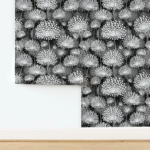 Vista 4 de Spoonflower Papel tapiz para despegar y pegar, diseño de dientes de león blanco y negro, flores de estilo vintage, floral, naturaleza, papel tapiz