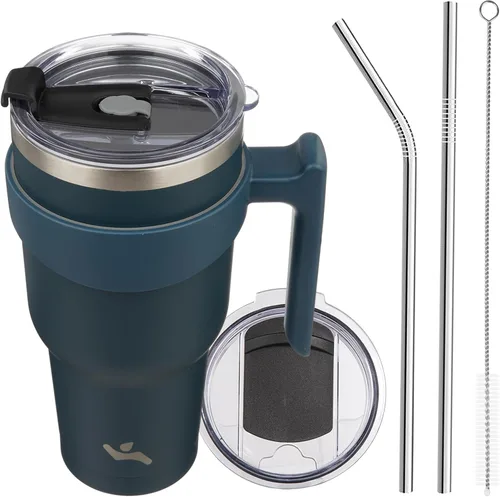 Vista 68 de Konokyo - Vaso de 10 onzas con asa y 2 popotes, 2 tapas, botella de agua aislada de acero inoxidable, taza de viaje reutilizable, color verde militar