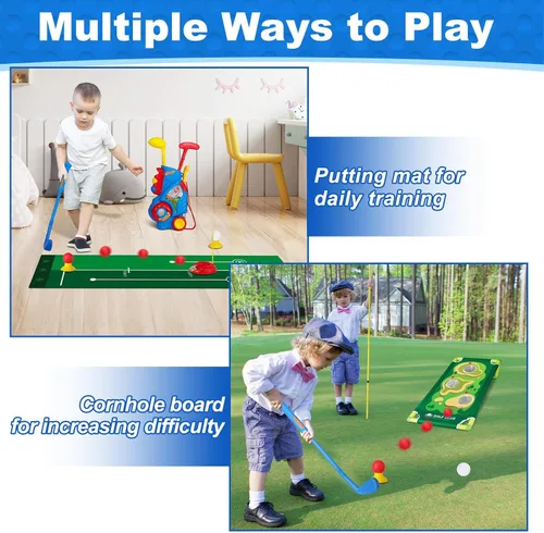Vista 4 de Juego de Golf para Niños Pequeños para Niños y Niñas de 2 3 4 5 Años, Carrito de Golf Mejorado para Niños con Alfombrilla de Putting y Tablero