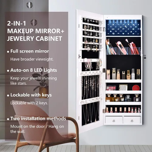 Vista 4 de LVSOMT 8 LED Organizador de joyas con espejo de cuerpo completo armario de almacenamiento montado en la paredpuerta joyero con cerradura con 2