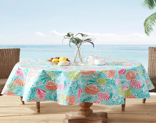 Vista 11 de Newbridge Mantel cuadrado de vinilo con parte trasera de franela, 52 x 52 pulgadas, estampado de conchas tropicales costeras, vinilo impermeable