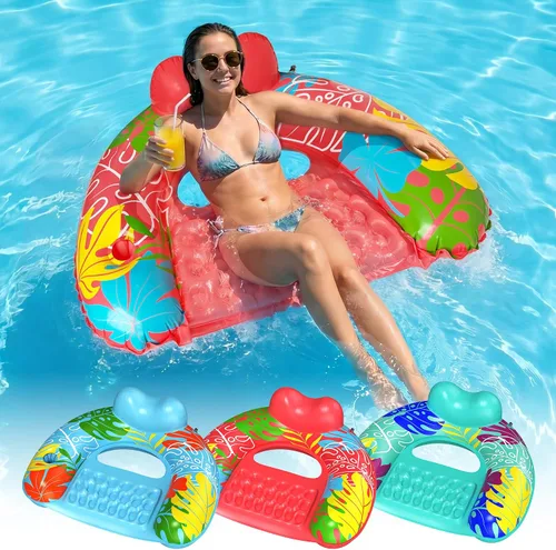 Vista 10 de Paquete de 2 flotadores inflables de piscina para adultos, sillas flotantes de piscina con soporte para tazas, flotadores de piscina para adultos